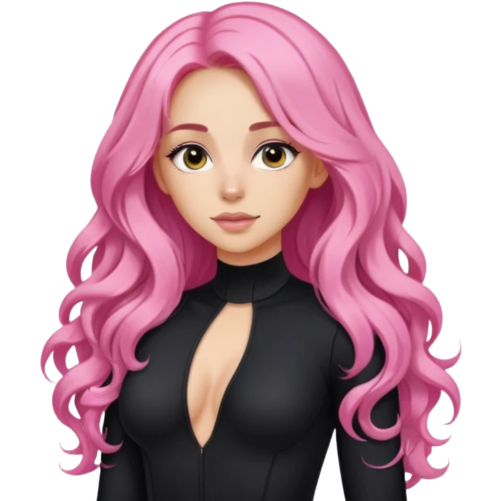 girl with long wavy pink hair and a middle partition. light skinned. wearing a black full sleeve bodysuit with a deep neck opening  emoji