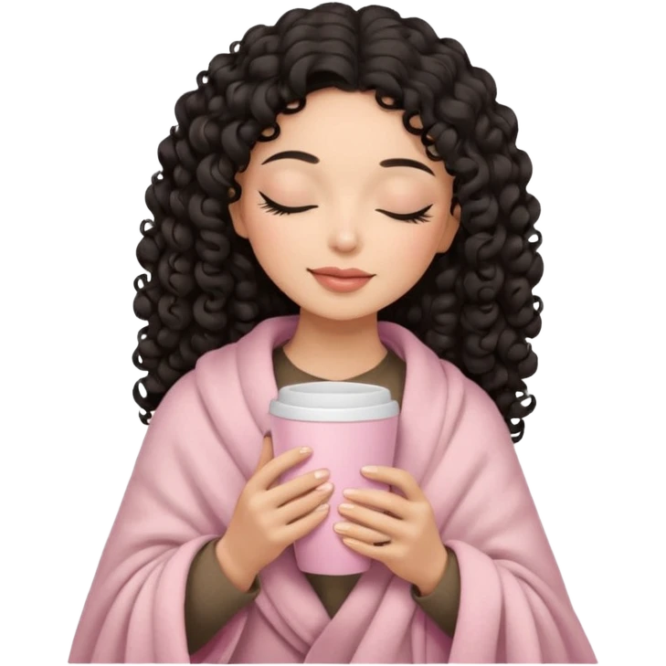 hispanic woman, black long 3b curls, closed eyes, feminine face, holding soft pink coffee cup with beige blanket over shoulders emoji