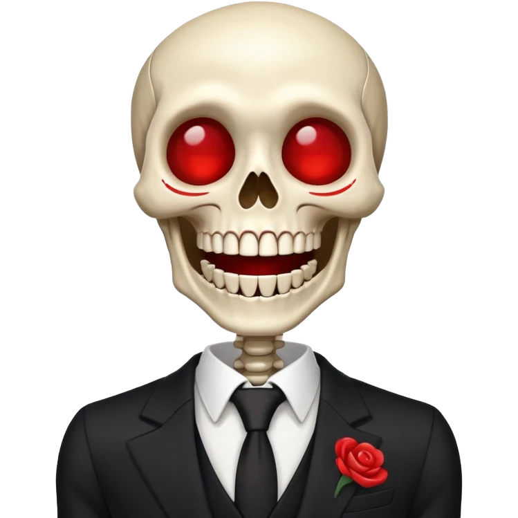 cartoon skeleton in black suit with red circles instead of eye laugh emoji