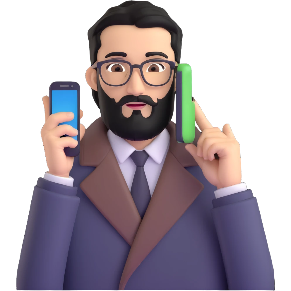 professional man with medium black beard, black hair combed to one side, connected unibrow, olive tan skin, brown eyes, glasses, prominent nose, wearing black coat, holding smartphone to ear in calling position, with subtle office background emoji