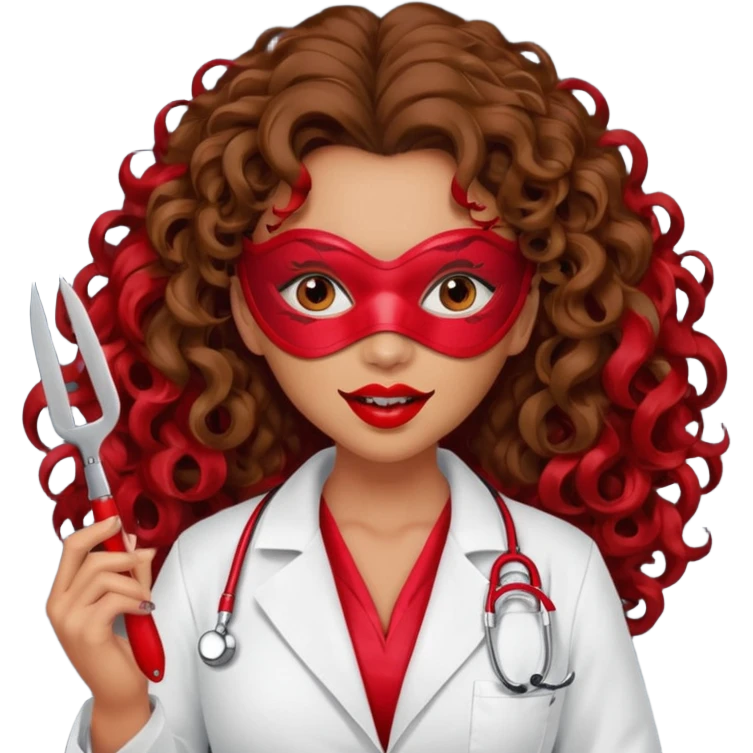 Lilith symbol seductress evil woman. She had brown long curly hair.  evil surgeon kills with scalpel wears red sexy doctor coat with red mouth mask  emoji