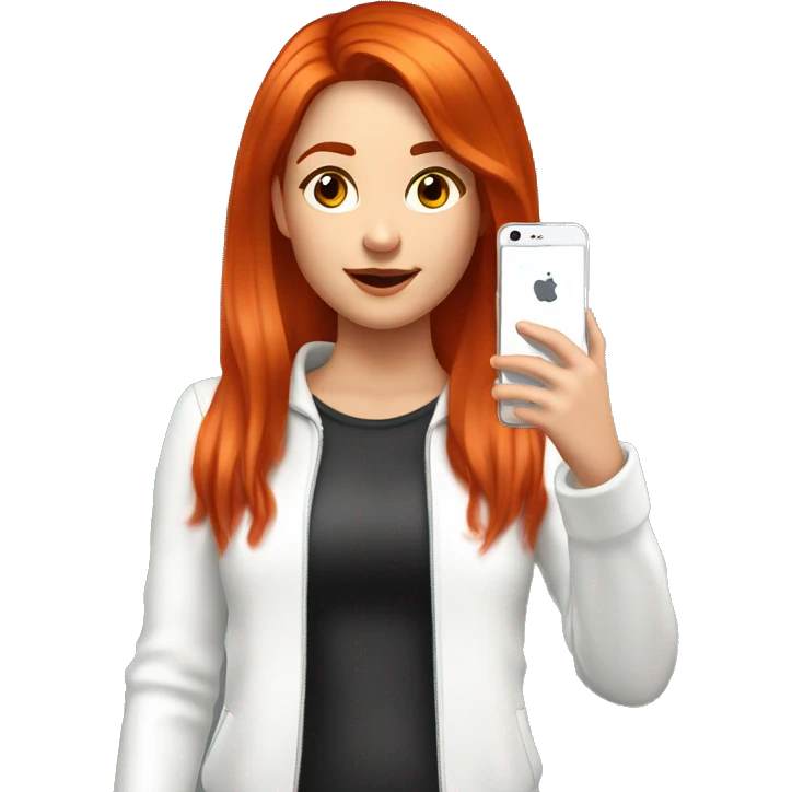 21-Year girl taking selfie in front of mirror. She has straight bright red hair. The length of her hair is up to shoulders, she wears white body suite and white jacket. She has phone in her hand. Phone has brown case and it's located on her face level emoji