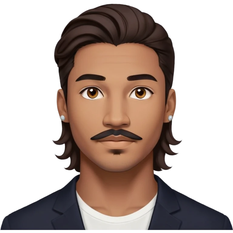 Young man with medium brown skin, mixed-race ethnicity, long wavy dark brown hair with an extremely precise center part exactly aligned with the middle of the face, hair parted perfectly symmetrically on both sides, mustache separated from goatee, medium brown eyes, small diamond stud earrings, floating head only with absolutely no shoulders or neck visible emoji