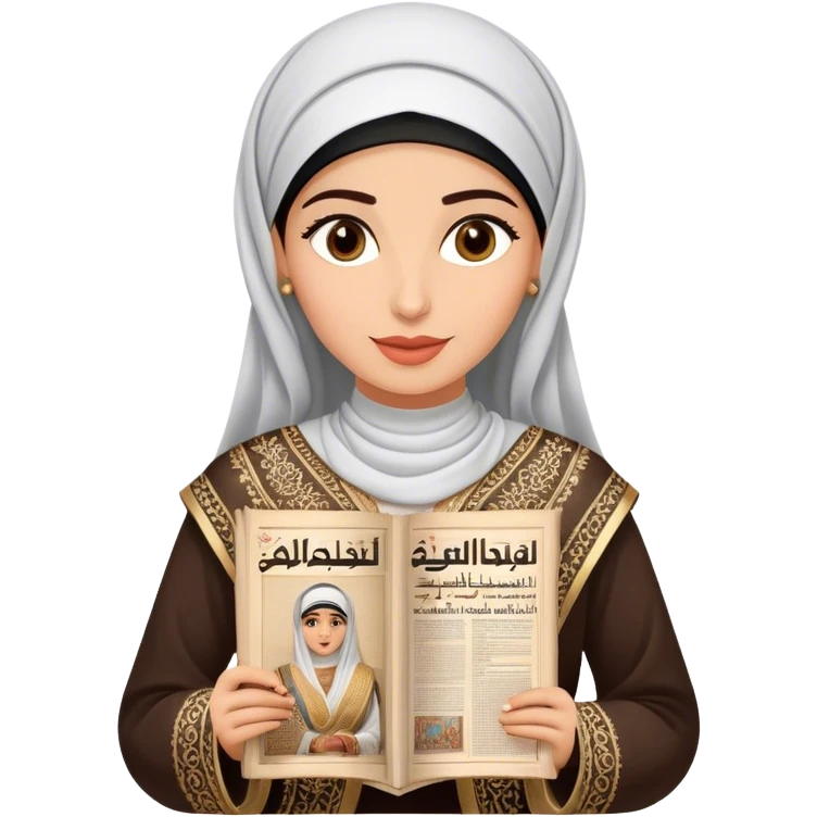 a woman dressed in a traditional embroidered outfit, elegantly holding a historical Arabic newspaper. The newspaper headline announces the formation of the United Arab Emirates, adding a sense of cultural and historical significance.  emoji