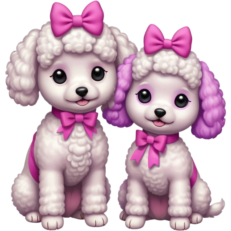 Two white toy poodle–style dogs, fluffy curly fur, round faces, black button eyes. Hot-pink paws, purple-dyed ear tips. One taller dog standing upright wearing a large pastel pink bow, one smaller round dog sitting. Cute plush emoji style. emoji