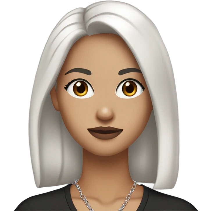 A white girl with a slight tan with a long, black hair, brown eyes, nice eyelashes, brown lip liner on, and she’s wearing a V neck black T-shirt with a silver cross chain and silver hoop earrings ￼ emoji