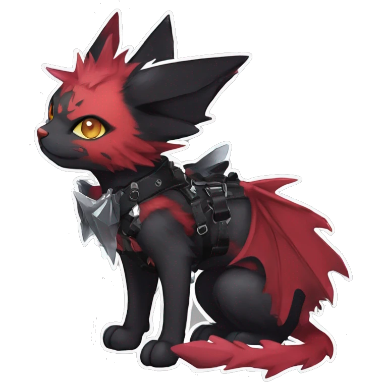 cool edgy black punk red ethereal fantasy nargacuga-bat-cat-Fakemon collar harness full body emoji
