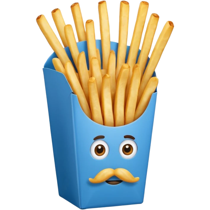 long slim crispy fries in a blue carton, carton has eyes and mustache emoji