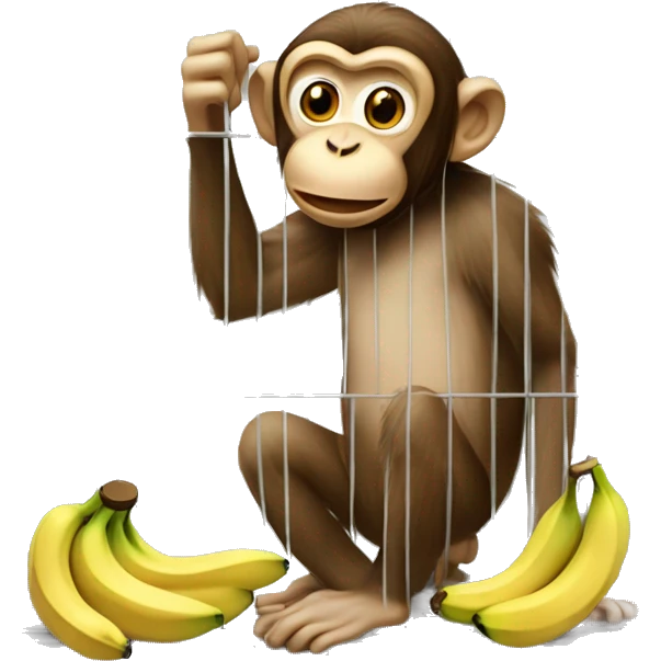 The monkey's outside. Banana inside the cage.  Monkey trying to get the banana out of the cage emoji