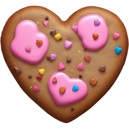 a brown cookie shaped like a heart with pink icing and confetti sprinkles  emoji