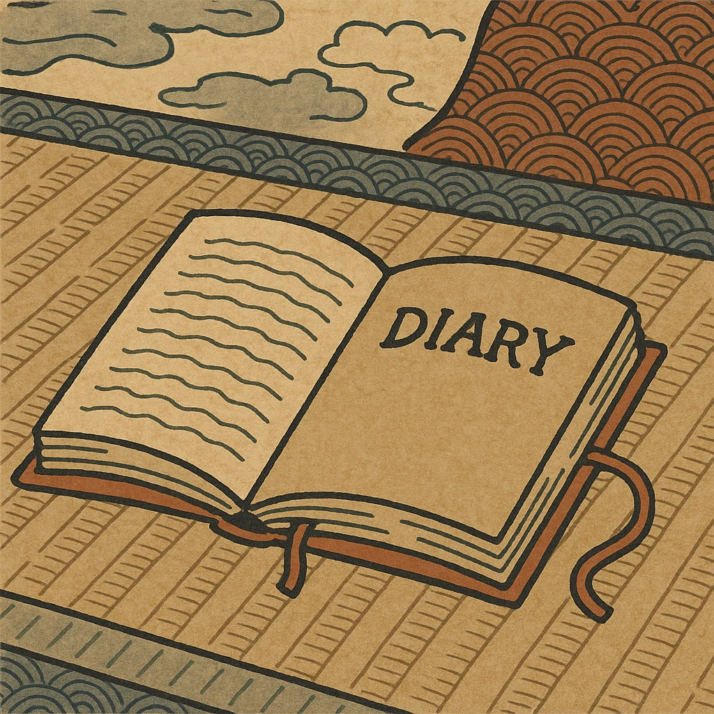 a diary, ukiyo-e style, Japanese woodblock print emoji
