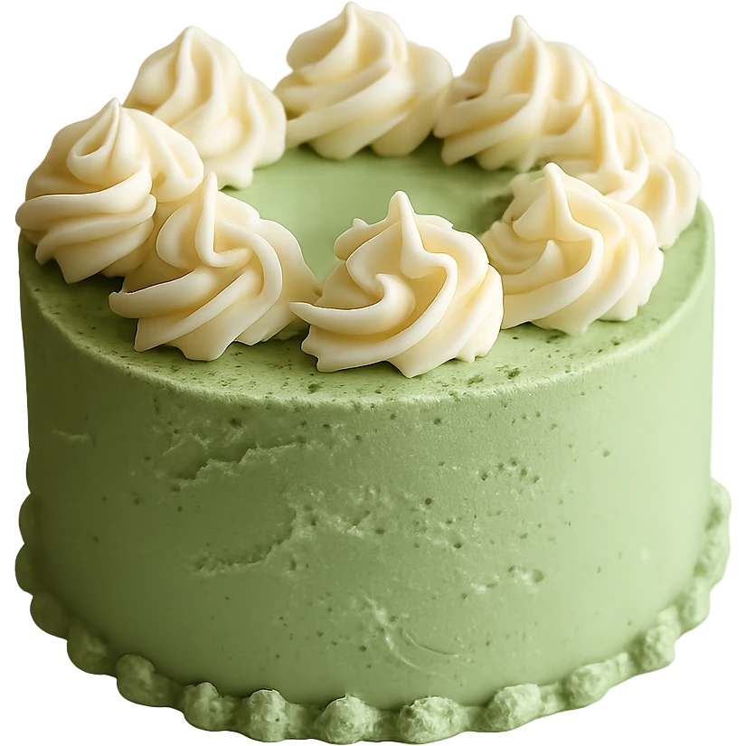 Remove the background, keep only the realistic round cake with matcha frosting and white chocolate curls, photorealistic style, transparent background. emoji