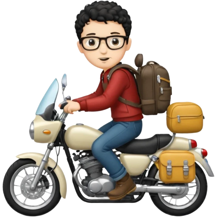 A young boy DEVELOPER WITH A backpack, black curly short hair, wearing glasses, a thin goatee, his skin is white, riding a motorcycle emoji