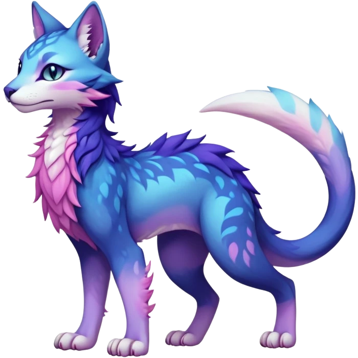 Kawaii dark blue indigo cyan purple violet pink beige white fantasy ethereal feline-vernid-sergal-fursona animal creature with a tufted tail full body with intricate markings emoji
