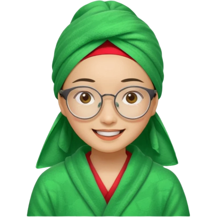 Asian woman wearing a green towel in her head with a broken glasses on her face in red pajamas emoji