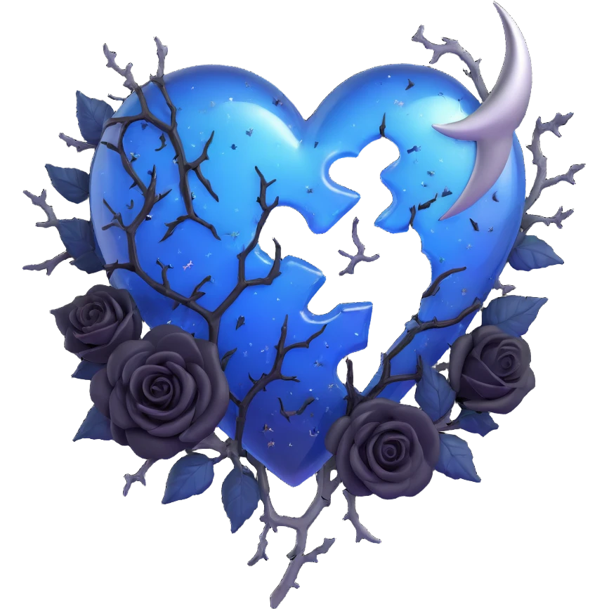gothic broken heart 3D emoji, midnight blue glass, silver crescent moon, black roses, shimmering stardust, lightning bolt, rain-soaked, cracked and split glass, dramatic style emoji