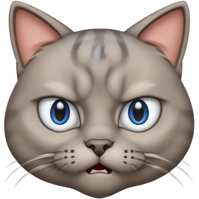 angry grey cat blue small slanted eyes. iphone real emoji style, made the cat look challenging emoji