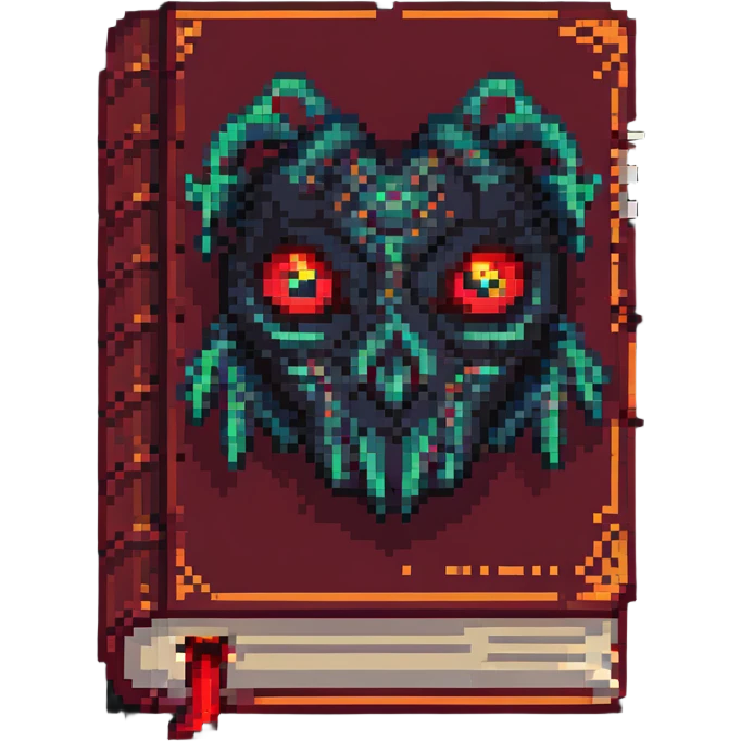 red cursed book with glowing eyes pixel art emoji