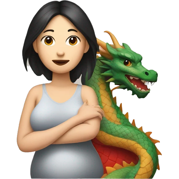 Pregnant woman looks asian with painting of dragon on forehand and shoulder emoji