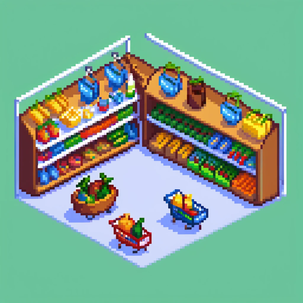 Isometric view of a supermarket with shelves of products, shopping carts, and checkout counters emoji