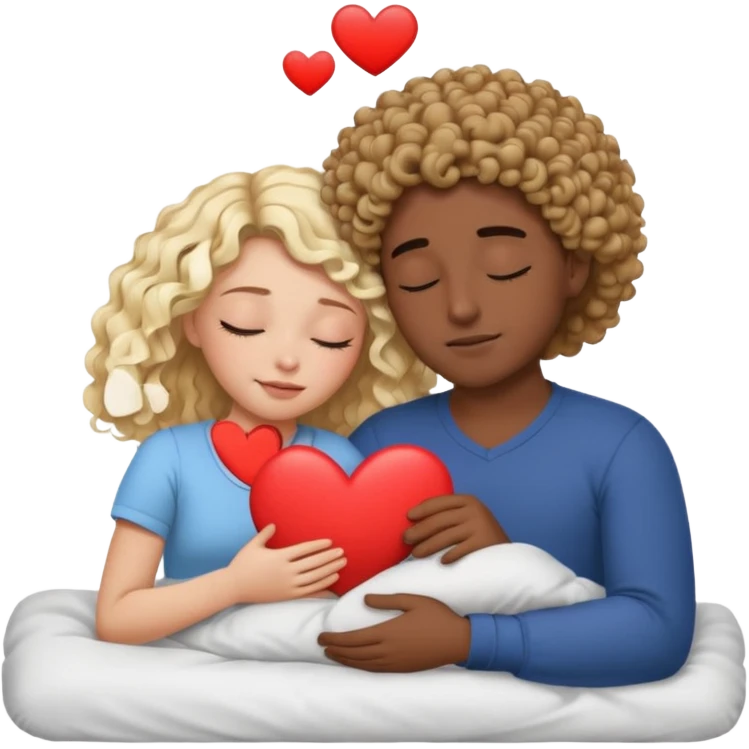 cuddling in bed, asleep. wavy haired blonde girl. curly haired dark brown hair man. eyes closed. heart between them. no headboard emoji