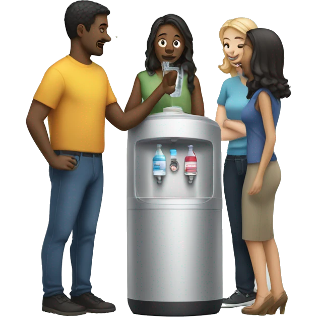 diverse set of people talking around a watercooler emoji