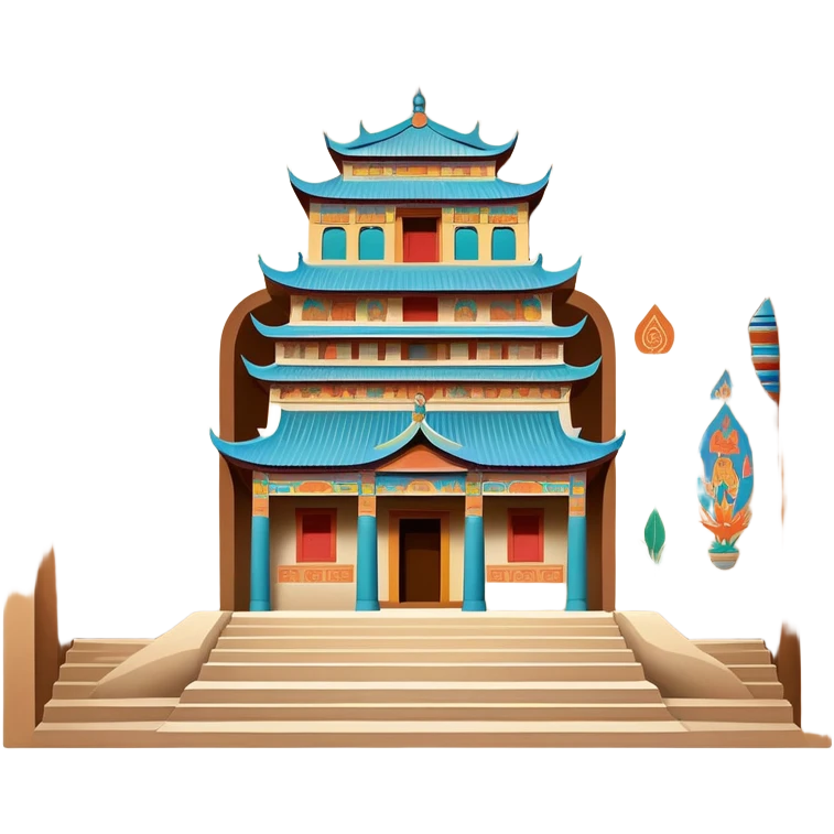 Mogao Caves Dunhuang with colorful Buddhist murals, simplified emoji style with bold outlines and bright colors, cartoon style cave entrance with paintings emoji
