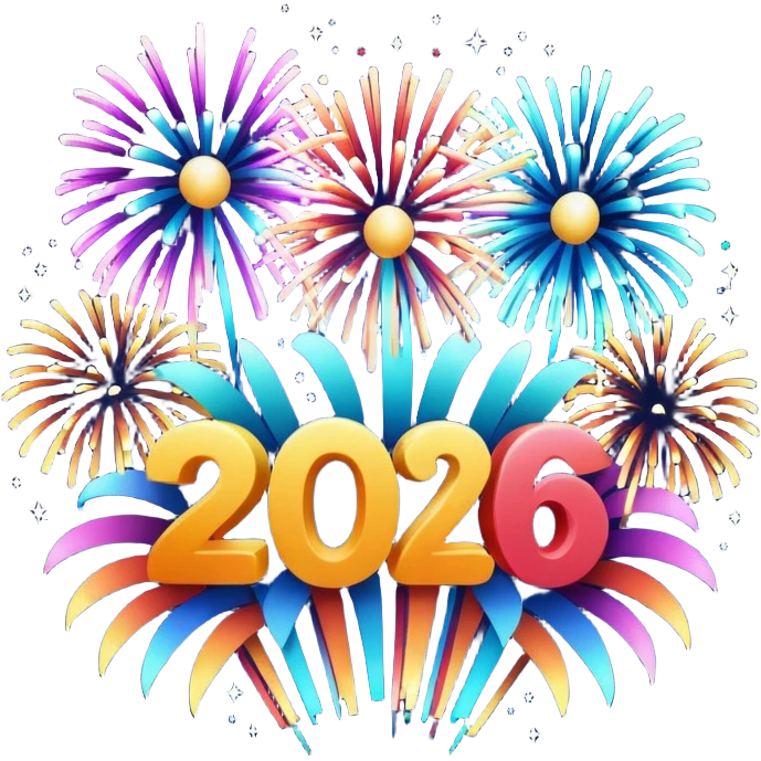 "Happy New Year 2026" in backdrop of colourful fireworks in 3d outline emoji