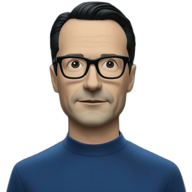 photo realistic Ralf Hutter from Kraftwerk, short straight black hair, black glasses, Dark Blue T-shirt, lean, driving black tesla model 3 emoji