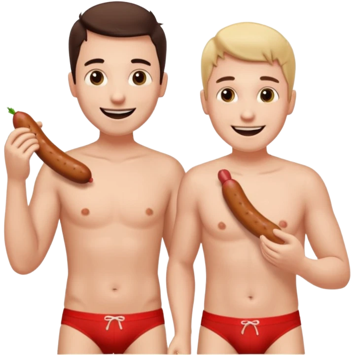 Two guys standing next to each other grabbing a sausage in the other’s underwear emoji