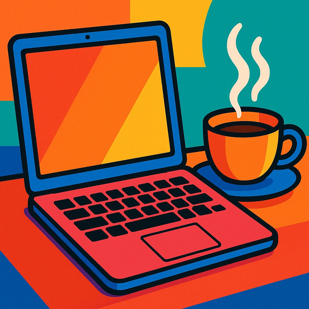 MacBook junto a una taza de café, estilo ilustración colorida y moderna emoji
