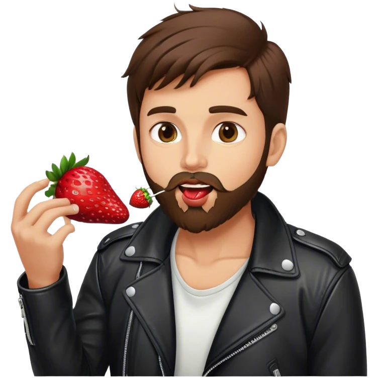 dressed with a black leather jacket, a brunette guy with a beard and toupee licking a strawberry emoji