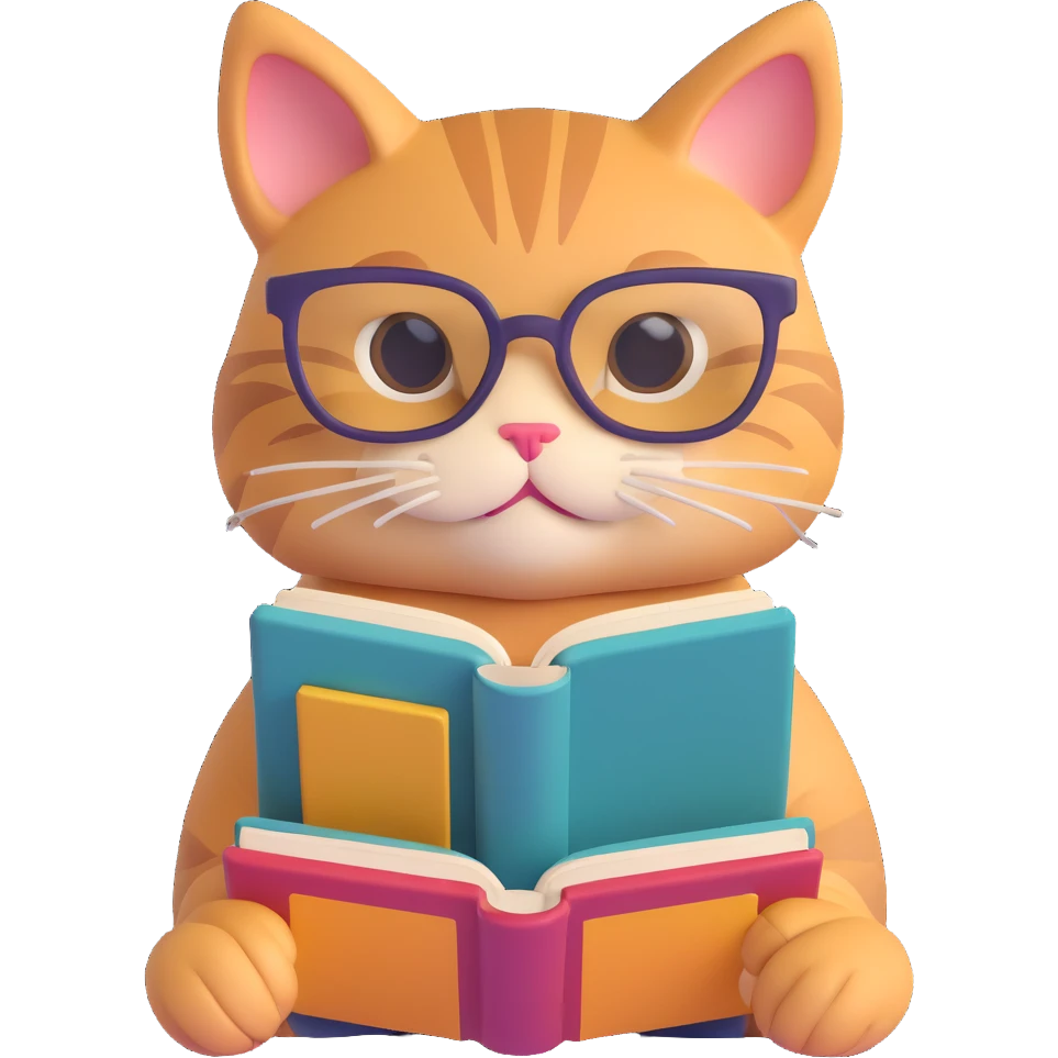 A cat with glasses reading a book, bright and cheerful colors, dynamic pose, engaging scene emoji