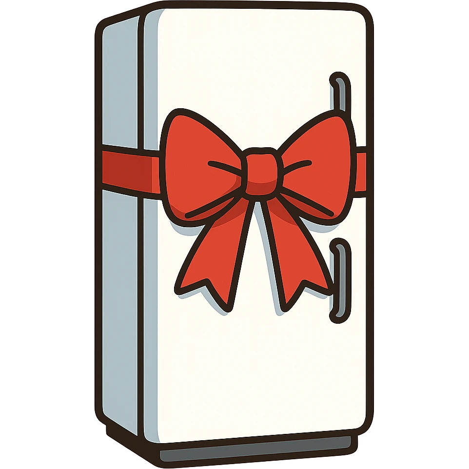 flat toon style fridge with a big red bow emoji