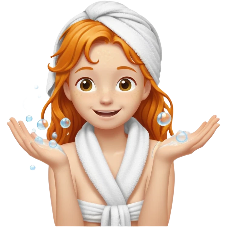 Happy Ginger girl sideways wrapped in towel shower washing long wet hair up in hands soapy bubbles emoji