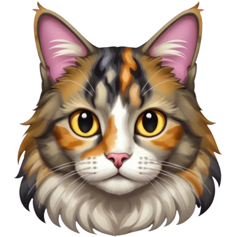 Maine coon black silver tortie et blanc avec une grosse tache noir sur un côté de la tête qui vient comme pour faire une moustache avec des couleurs assez vives  emoji