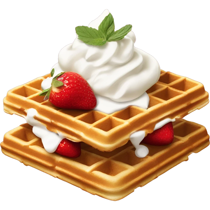 square waffle with dollop of whipped cream and strawberries on top emoji