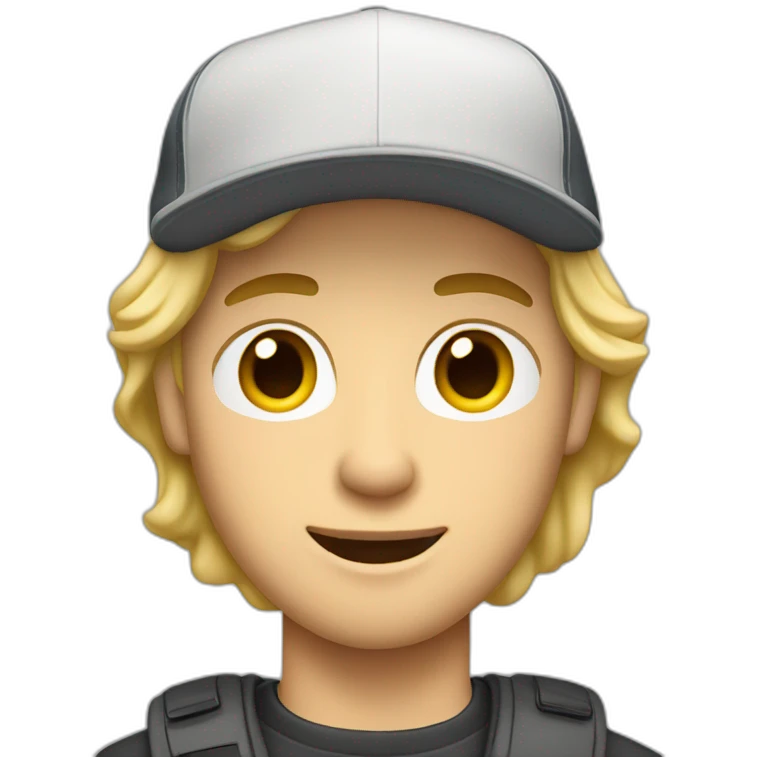 blonde guy wearing a cap with a mac book pro emoji