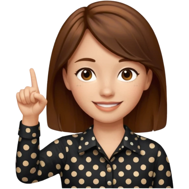 girl wearing a  black polka dots  shirt style, and poiting witgh her hand, her hair brown  emoji