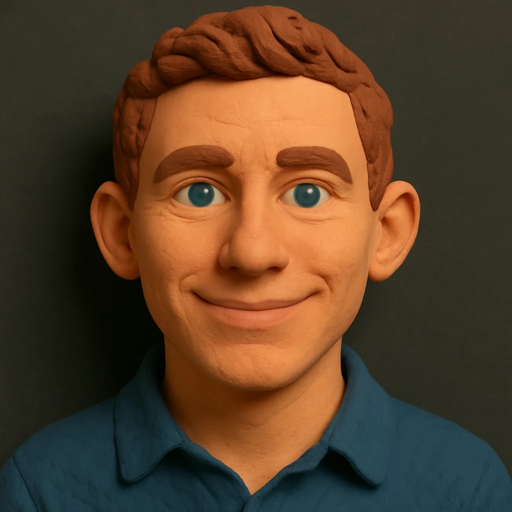 Claymation portrait with a younger face, narrower nose, narrower chin, friendly and confident facial expression, slightly larger forehead, anthracite background. Full head and hair in the frame, nothing cropped. emoji