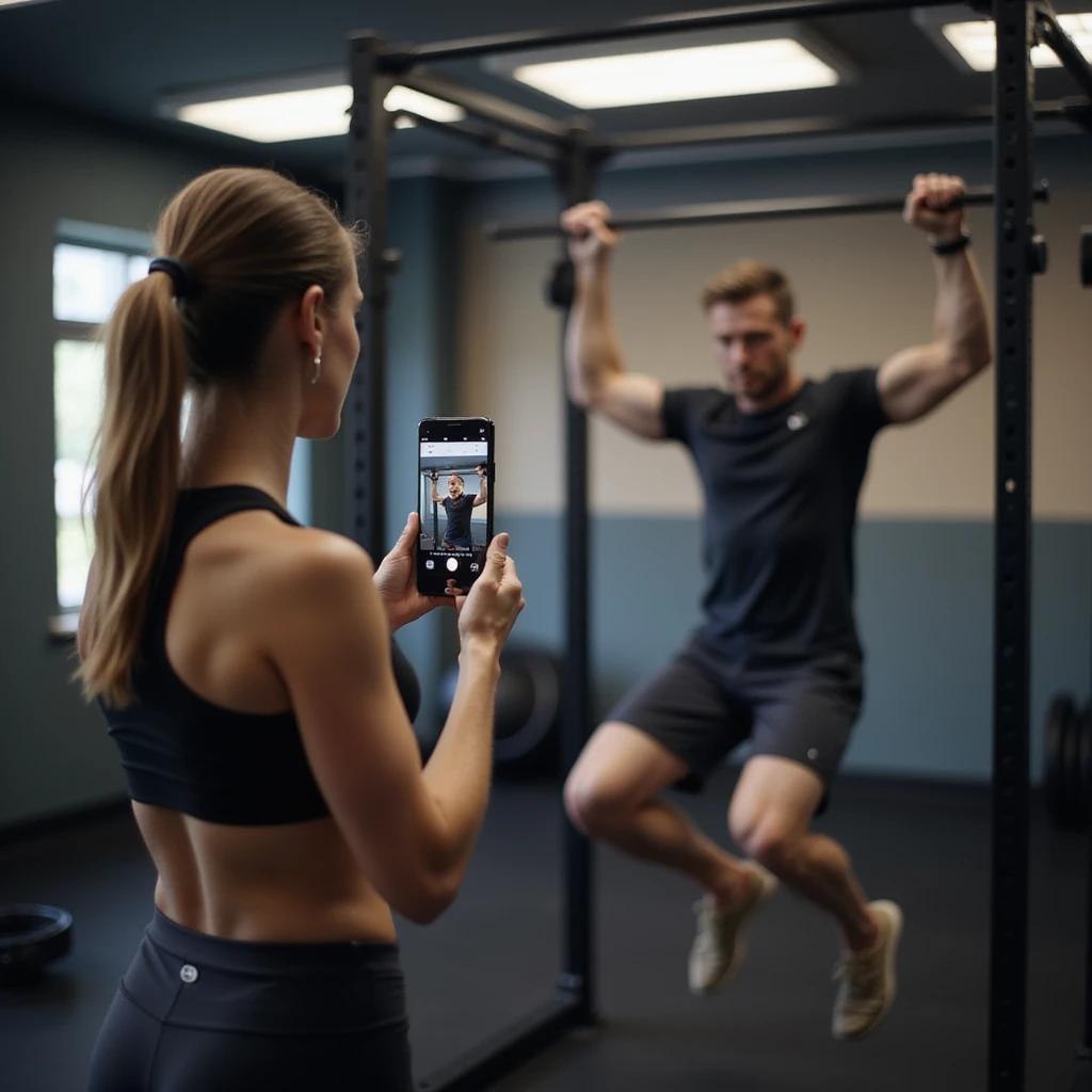 woman in gym wear holding smartphone on stand, recording video check for coach while doing pull-ups on bar, fitness equipment environment, hyperrealistic details, 4K, 3/8 emoji