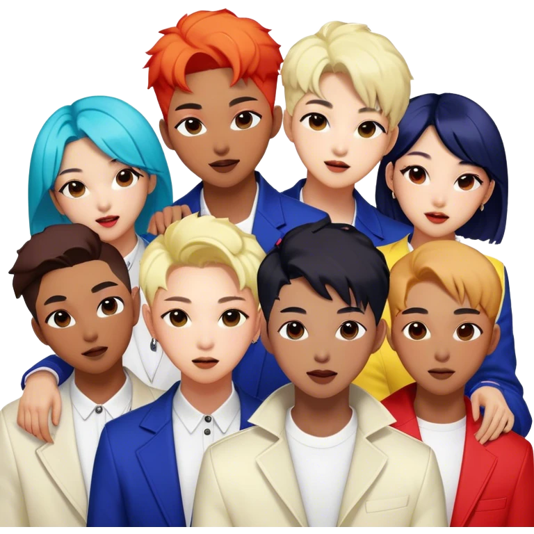 Cinematic Realistic BTS Portrait Emoji, depicted as a dynamic energetic portrayal of the global K-pop group with stylish modern attire and vibrant expressions, rendered with rich textures and bold contemporary lighting that captures their youthful charisma. emoji