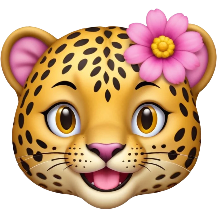 A leopard with big smile. A pink flower with a yellow center is tucked behind its right ear, no tongue
 emoji