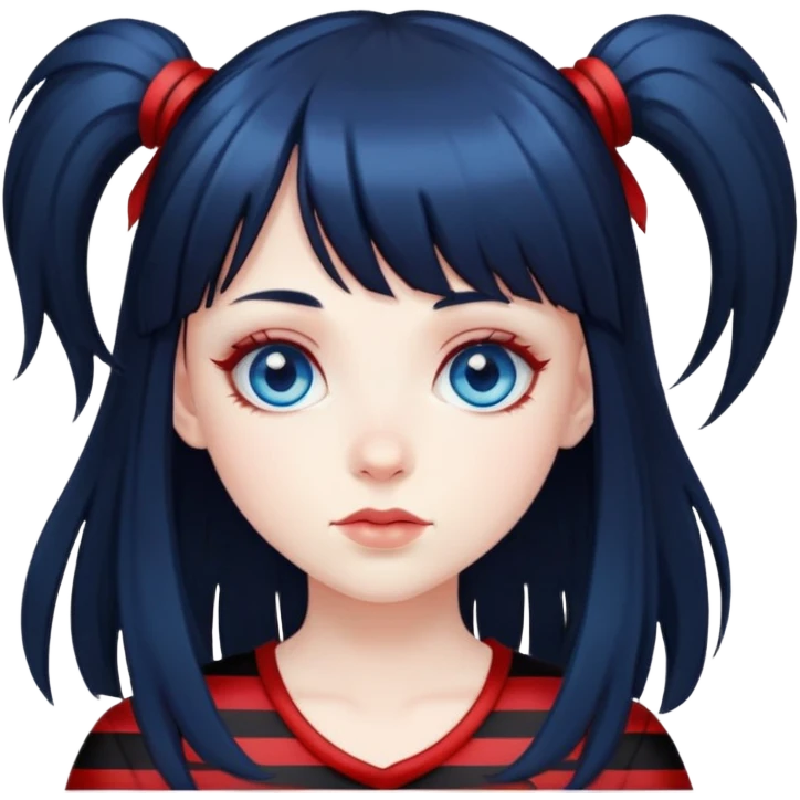 Blue eyes pale girl, long black hair with red striped hair and bangs emoji