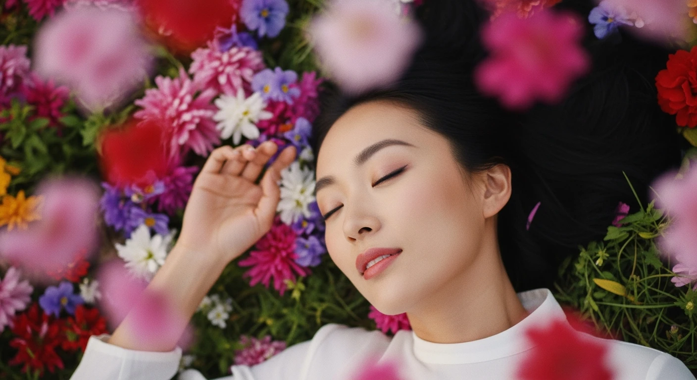 Camera drom top, Motion blur Extreme Closeup photo of a beautifull woman lay around beautifull colorfull flowers, cinematic light, 60/30/10 color rule, 8K, very detailed, sharp, depth (foreground, midground, background) emoji