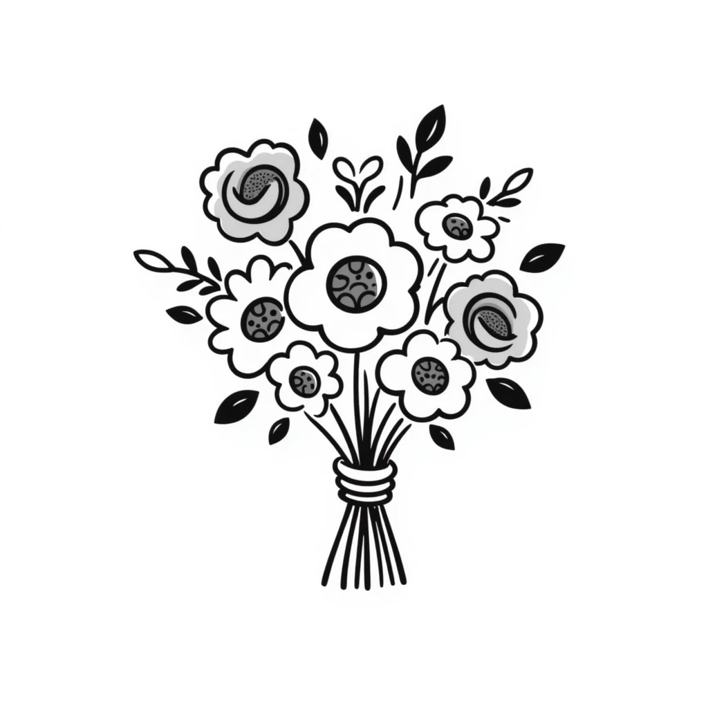 a hand-tied bouquet of assorted flowers with stems and leaves, pastel colors dd9fb0, ffc6d3, a3bfc9, c4bee2, f1b091, detailed hand-drawn doodle style emoji