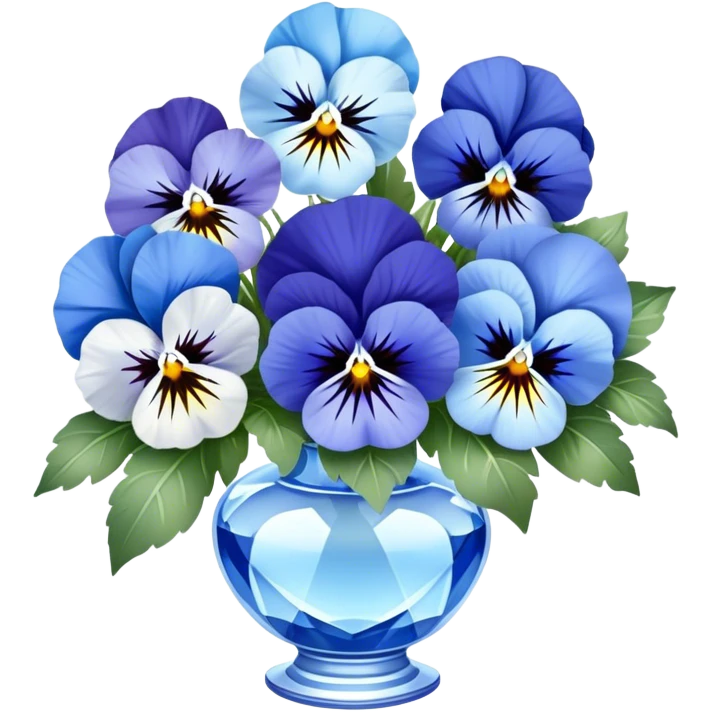 A charming bouquet of deep blue and pastel blue pansies, delicately arranged with hints of periwinkle and sky-blue blooms, wrapped in a pearl satin ribbon and placed in a crystal vase, reflecting soft light. emoji