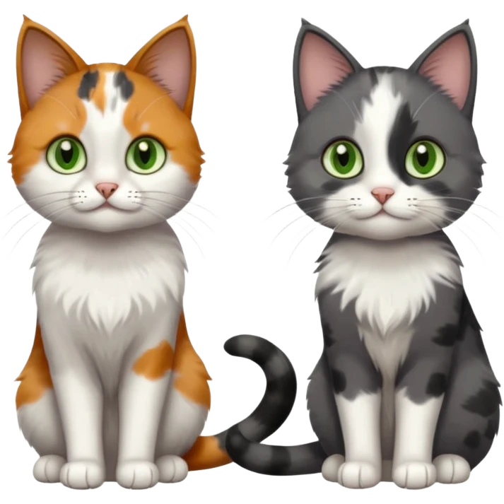3 different coloured small cats including a dark grey and white, and a patchy calico with hazel eyes and a completely solid dark grey with green eyes and only white paws emoji