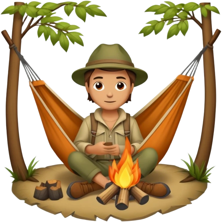 bushcraft adventure camp with campfire and hammock emoji