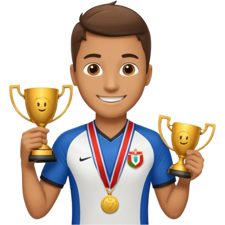 happy soccer player with a first-place medal and a trophy emoji